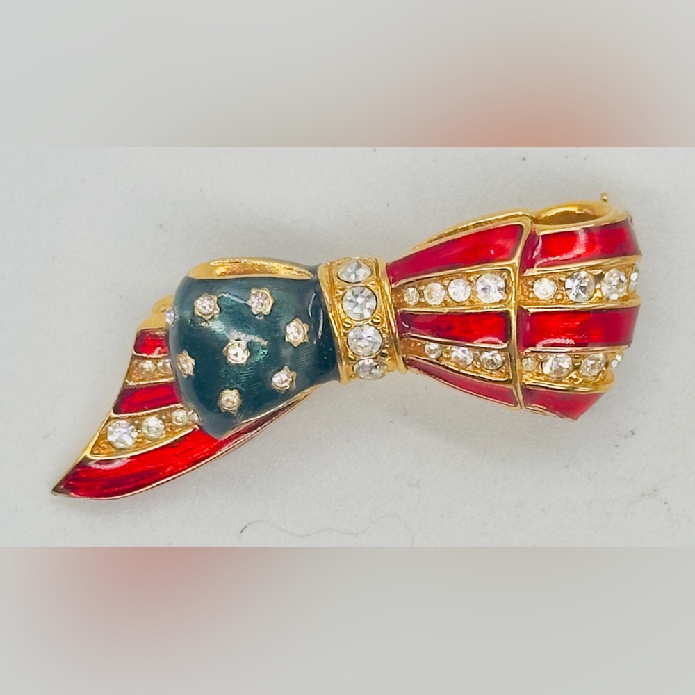 Carolee American Flag Ribbon Bow Brooch Pin Rhinestone July 4 Patriotic
